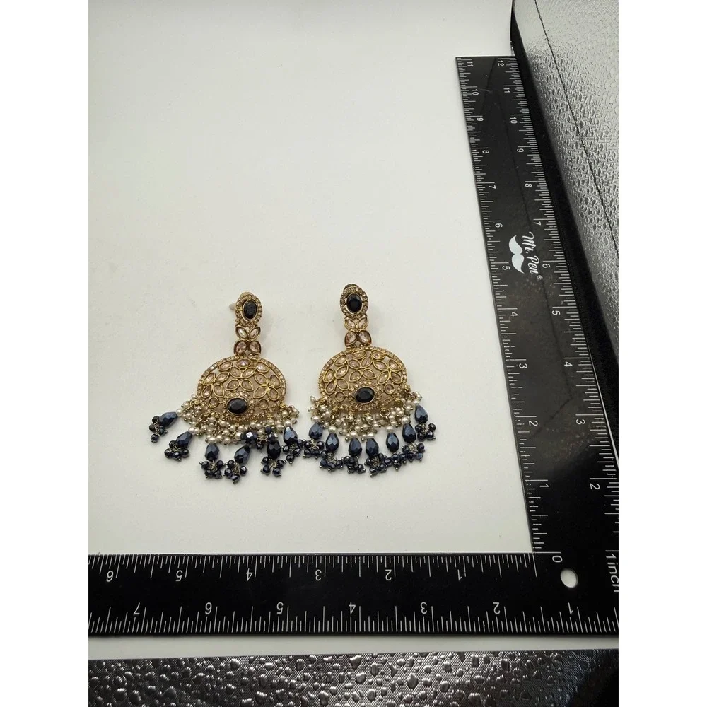 Gold Tone Chandelier Earrings Stone Navy Blue Crystal Pearl Statement Dangle